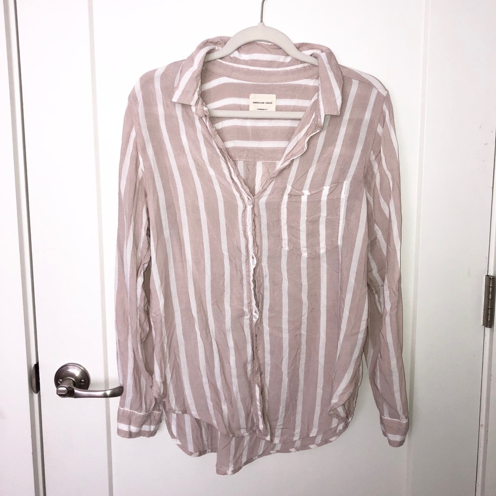 Pink and white American Eagle striped button down